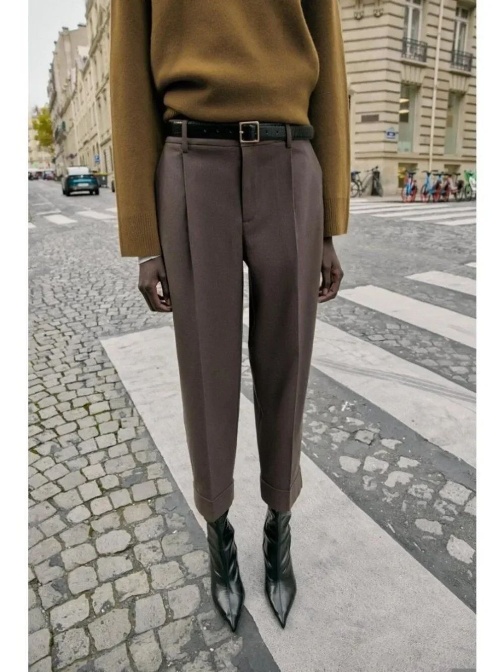 Zara Womens Trousers Pants Medium Brown Marl Mid-Rise Cuff Pleated 4387/271 NWD
